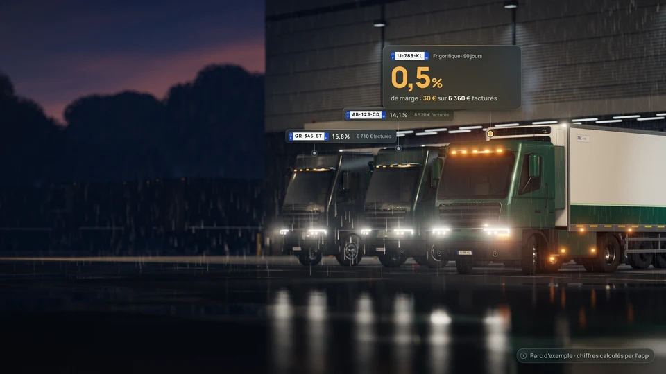 Le Hangar 3D de l'app : une flotte de camions sur un parc d'exemple